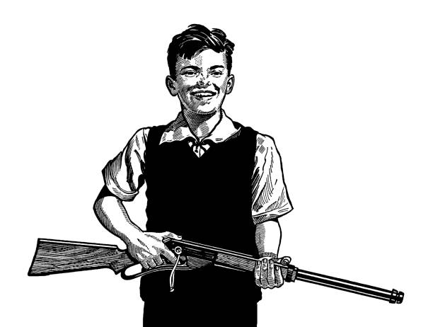 ilustrações de stock, clip art, desenhos animados e ícones de boy holding gun - rifle hunting shotgun gun