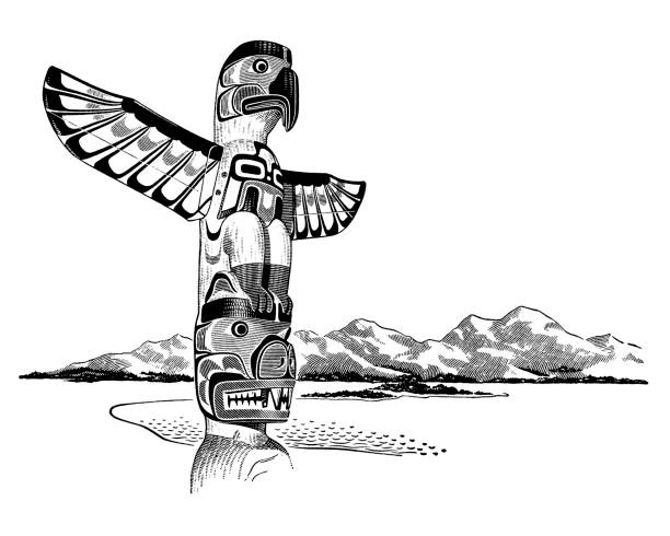 totem pole in landscape - alaska illüstrasyonlar stock illustrations