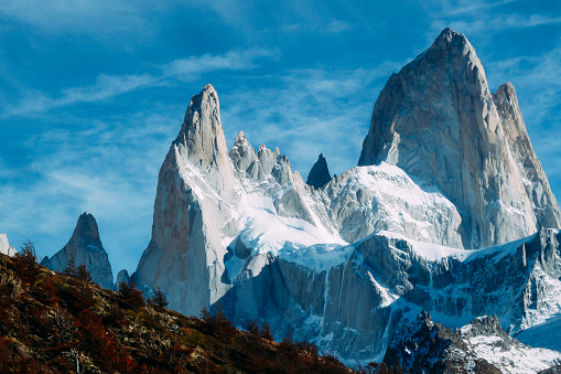 Road to Perito Moreno Glacier, Patagonia, Argentina. Close-up of snow-capped mountains in the Patagonia, Argentina.