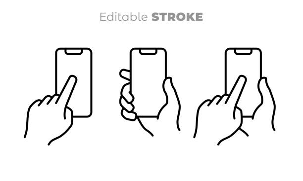 руки держат мобильный телефон. - редактируемый штрих иллюстрации stock illustrations
