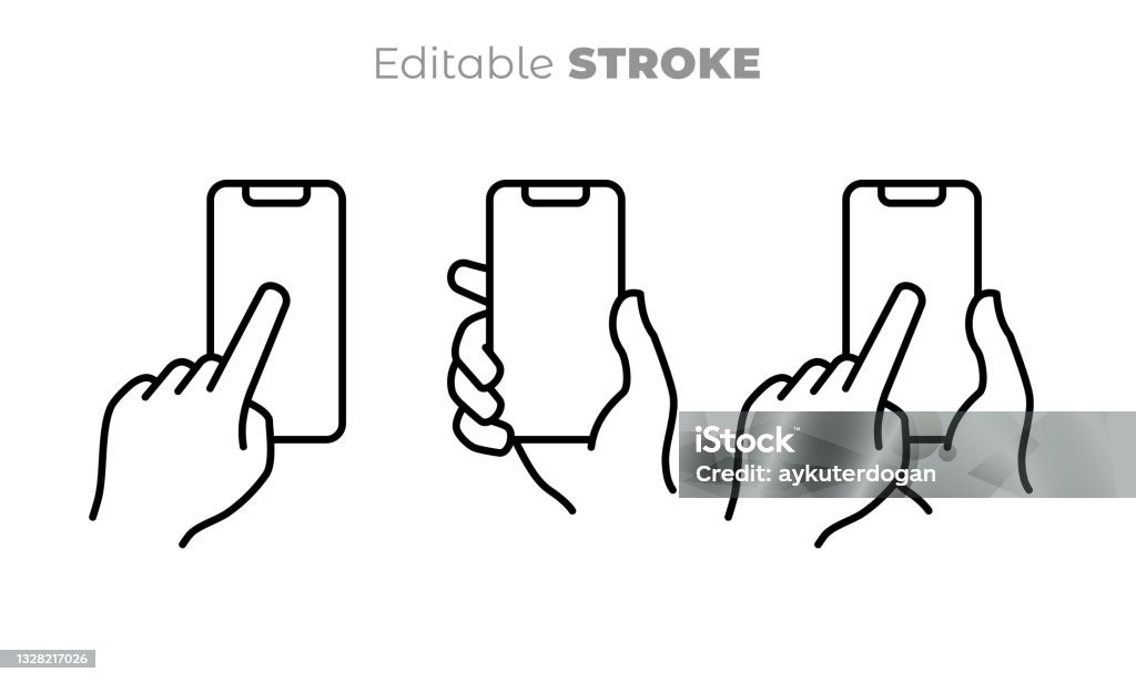 Hands holding mobile phone set. Finger touching blank screen. Vector smart phone, electronic device line art icon. Editable line drawing. Black and white illustration, sign, symbol. Icon stock vector
