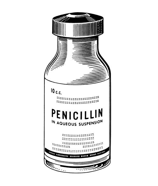 ilustraciones, imágenes clip art, dibujos animados e iconos de stock de botella de penicilina - penicillin