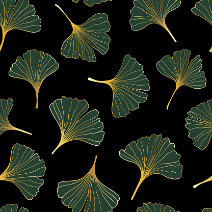 seamless pattern of hand draw illustrations floral outline golden ginkgo biloba leaves on black background. for wall decoration, postcard or brochure cover design.