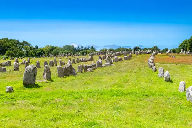 Carnac in Brittany, a stones field, alignment of menhirs