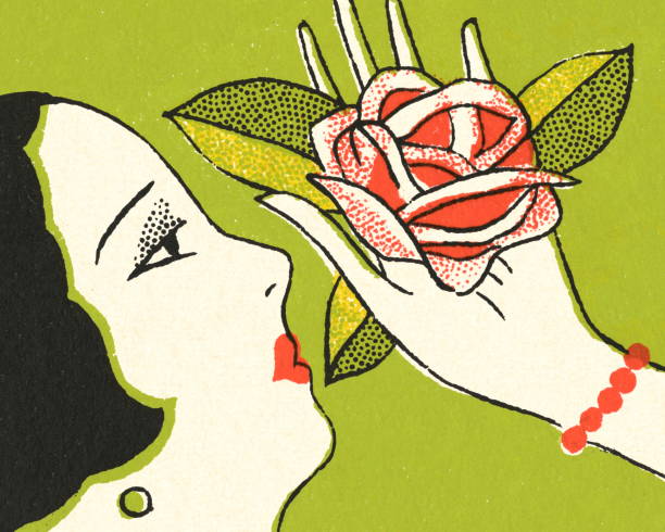 ilustrações de stock, clip art, desenhos animados e ícones de woman holding a rose - color image colored background close up human face