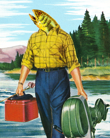 Man with Fish Head Carrying Motor and Gas Can