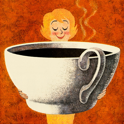 Illustration of woman holding large coffee cup