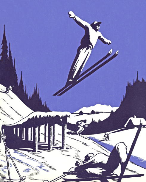 ilustrações de stock, clip art, desenhos animados e ícones de skier flying from a jump - ski jumping hill