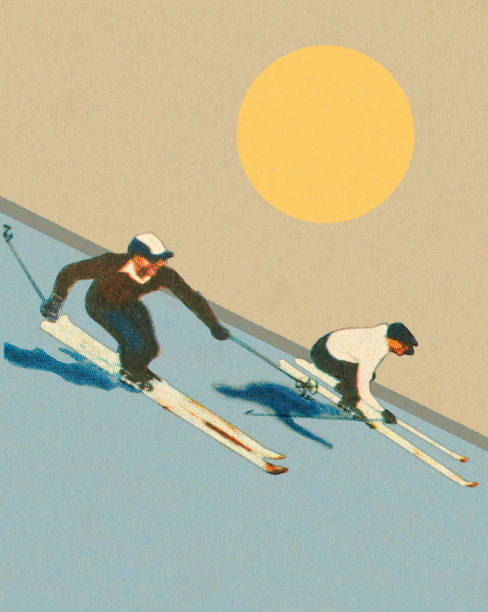 언덕 아래로 경주 하는 두 스키어 - skiing snow ski slope sunlight stock illustrations