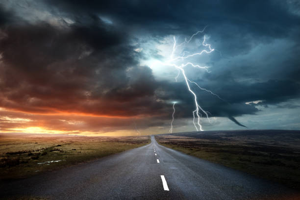 Weather Thunderstorm Climate Change Weather forecasting and extreme conditions. A powerful storm forming late in the afternoon. Climate change photo composite. thunderstorm stock pictures, royalty-free photos & images