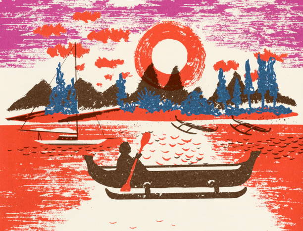 ilustraciones, imágenes clip art, dibujos animados e iconos de stock de persona remando un barco junto a una isla - canoa con balancín