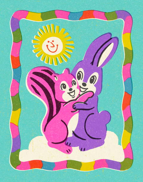 ilustrações de stock, clip art, desenhos animados e ícones de chipmunk and rabbit hugging - color image blue background season animal