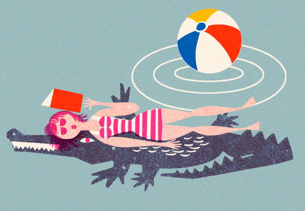 ilustrações de stock, clip art, desenhos animados e ícones de woman laying on an alligator - color image blue background season animal