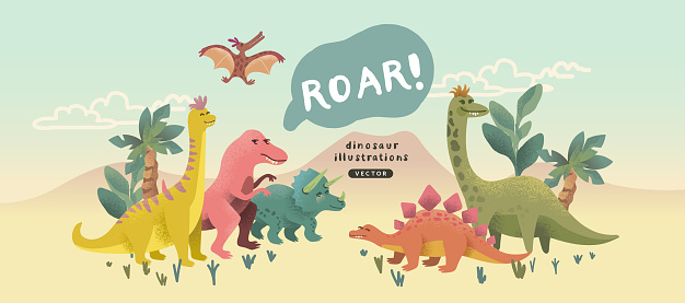 A cute collection of cheerful prehistoric dinosaur characters. Vector illustration.