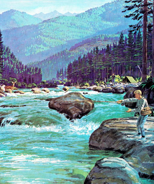 ilustraciones, imágenes clip art, dibujos animados e iconos de stock de pesca con mosca en un arroyo de montaña - pescadora ilustraciones