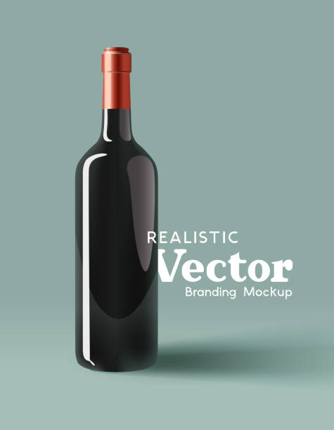 Realistic Bottle Of Red Wine Vector Mock Up A realistic glass bottle of red wine branding mock up. Contemporary marketing template Vector illustration print ad mockup stock illustrations