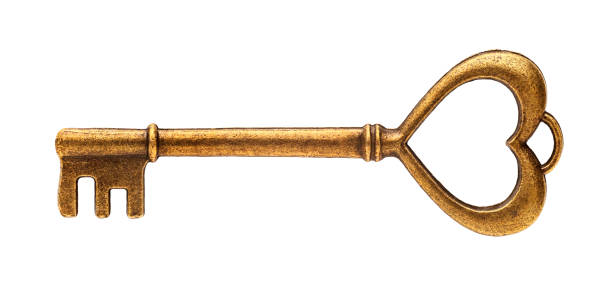 close-up da chave dourada, isolado em um fundo branco, sem sombra. - isolated brass key macro - fotografias e filmes do acervo