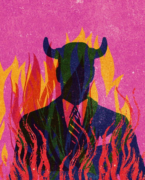 бизнесмен с рогами в огне - devil stock illustrations