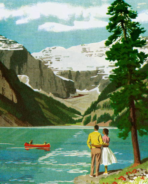couple looking out onto a mountain lake - 山 圖片 幅插畫檔、美工圖案、卡通及圖標