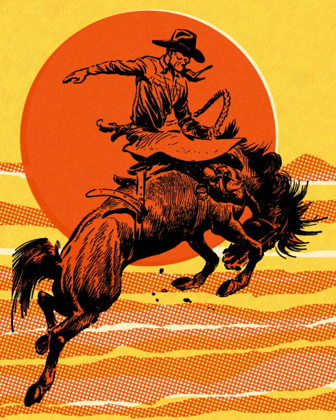 illustrazioni stock, clip art, cartoni animati e icone di tendenza di bucking bronco - cowboy rodeo wild west bucking bronco