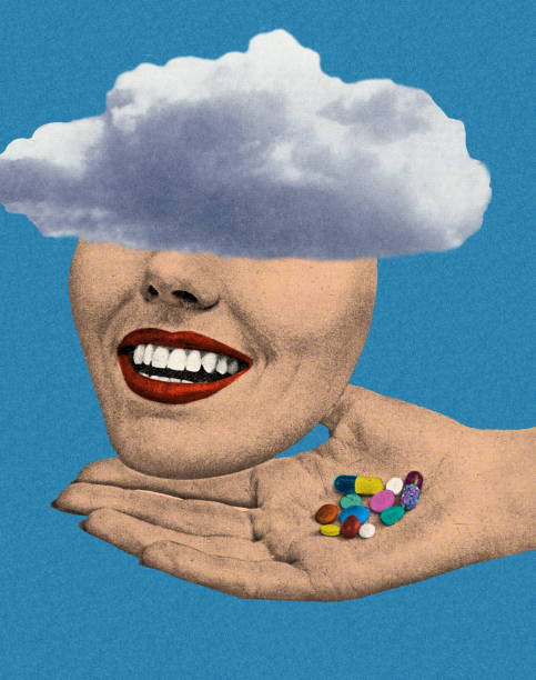 illustrazioni stock, clip art, cartoni animati e icone di tendenza di testa tra le nuvole con le pillole - pill pop art capsule medicine