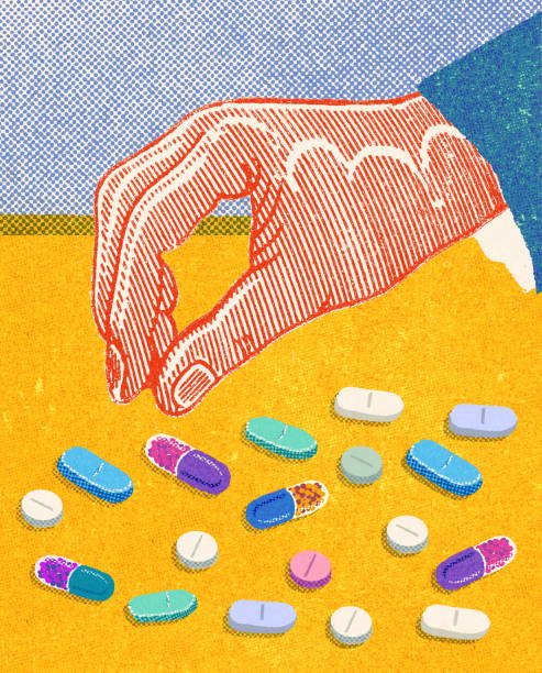illustrazioni stock, clip art, cartoni animati e icone di tendenza di pillole per il prelievo a mano - pill pop art capsule medicine