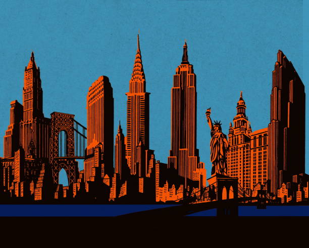 ilustraciones, imágenes clip art, dibujos animados e iconos de stock de horizonte de la ciudad de nueva york - new york city