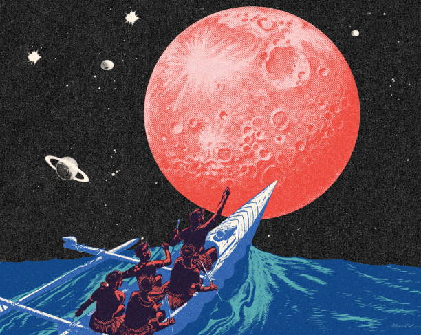 ilustraciones, imágenes clip art, dibujos animados e iconos de stock de hombres en un estabilizador viendo una luna llena gigante - canoa con balancín