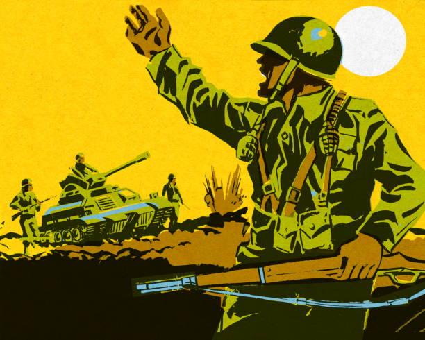 ilustrações de stock, clip art, desenhos animados e ícones de soldier on a battlefield - armed forces illustrations