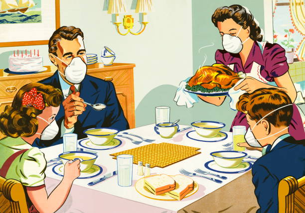 夕食のテーブルでフェイスマスクを着用している家族 - parent thanksgiving eating food点のイラスト素材／クリップアート素材／マンガ素材／アイコン素材