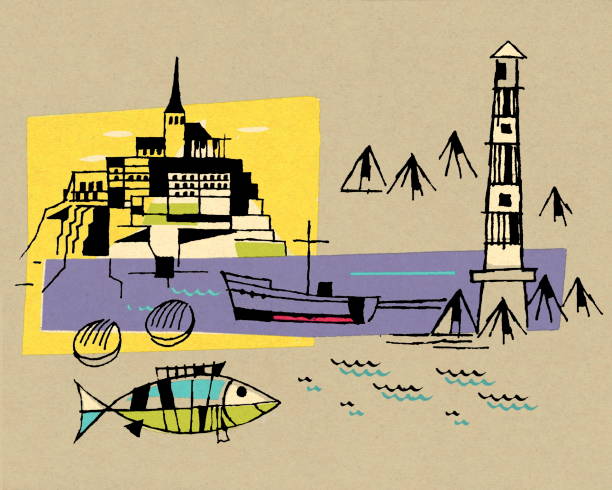 прибрежный пейзаж - color image colored background nautical vessel sea stock illustrations