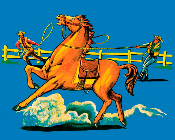 ковбои ропинг лошадь - color image colored background blue background animal stock illustrations