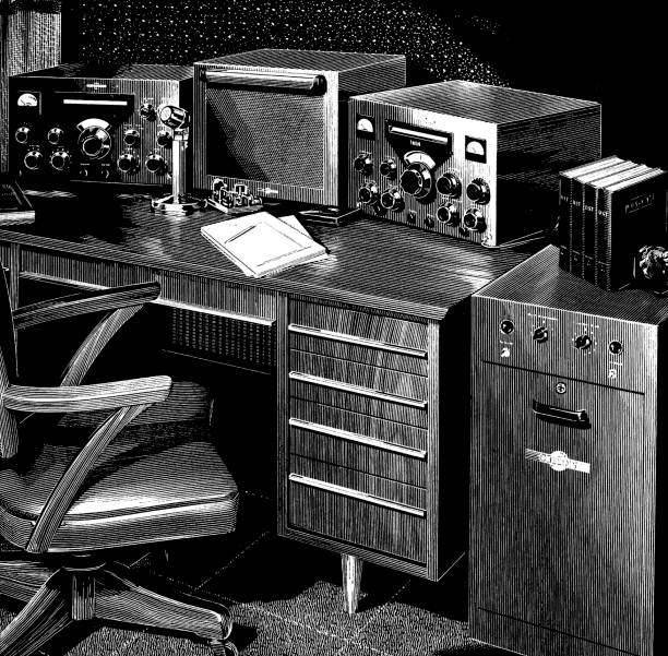 책상 위에 있는 무선 장비 - control room audio stock illustrations
