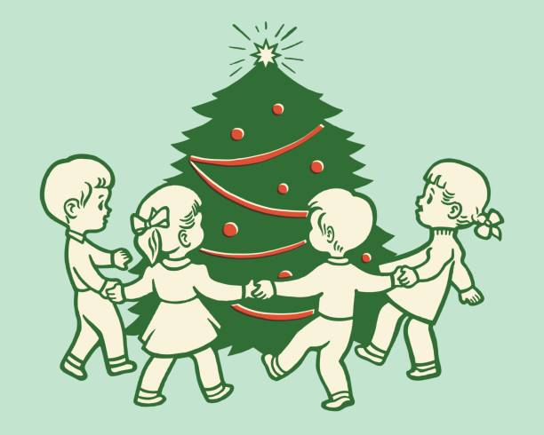クリスマス ツリーの周りを再生する 4 人の子供 - buddy点のイラスト素材／クリップアート素材／マンガ素材／アイコン素材