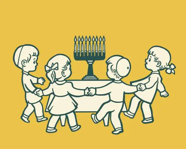 Vector illustration of Four Children Playing Around a Menorah