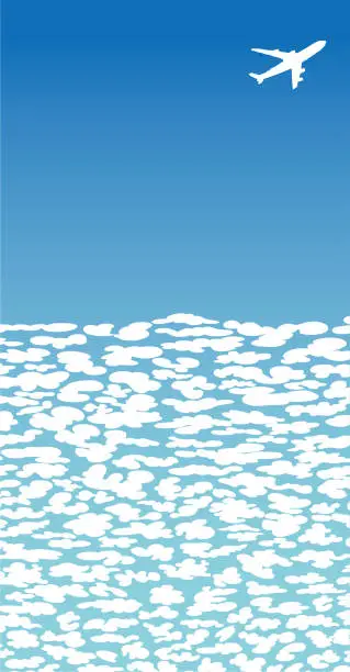 Vector illustration of Autumn blue sky, clouds and airplane