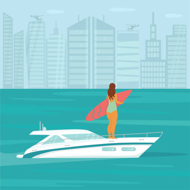 海、海でサーファーボディポジティブな女性とスピードヨット。 - cruise travel beach bay点のイラスト素材／クリップアート素材／マンガ素材／アイコン素材