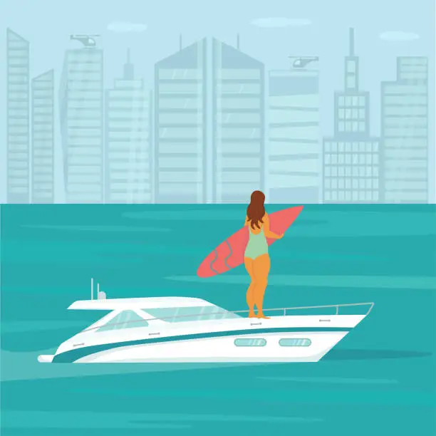 Vector illustration of Speed yacht with surfer body positive woman in sea, ocean.