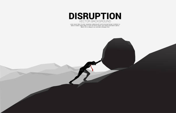 Silhouette of businessman pushing the big rock to the top of mountain. concept of business challenge and hard work. boulder rock stock illustrations