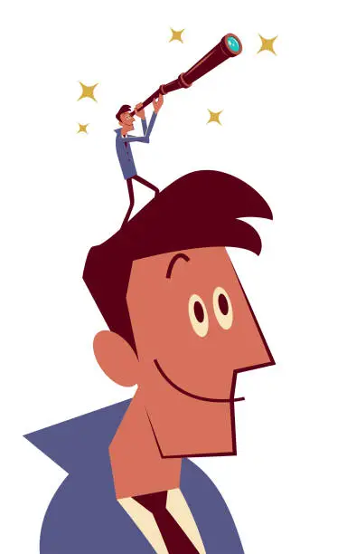 Vector illustration of Businessman standing on the head of a giant to see farther, looking through a telescope searching for business opportunities and success