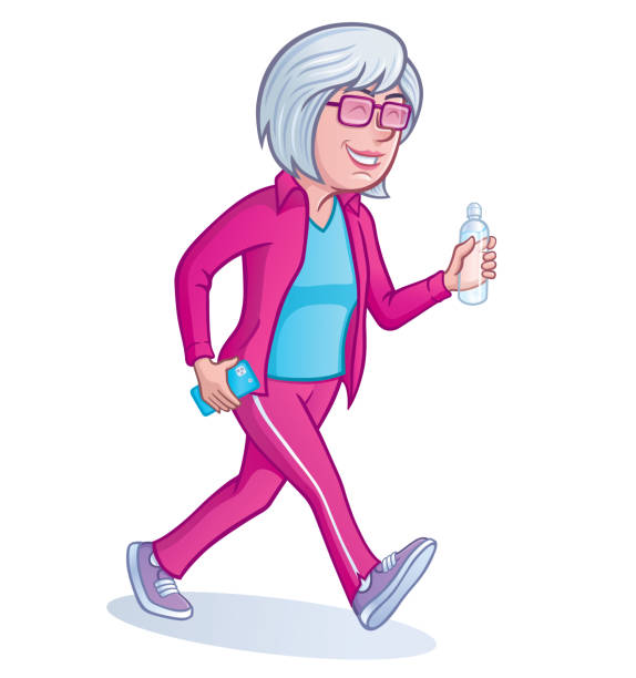 ilustrações, clipart, desenhos animados e ícones de mulher madura caminhando para o exercício - 2334