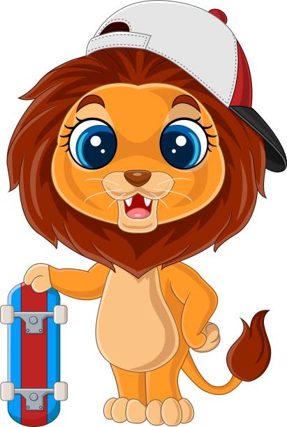 ilustrações de stock, clip art, desenhos animados e ícones de cartoon little lion holding a skateboard - 11305