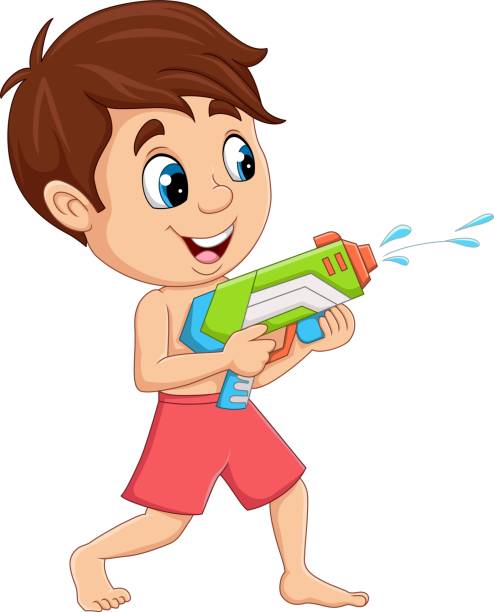 ilustraciones, imágenes clip art, dibujos animados e iconos de stock de niño pequeño de dibujos animados jugando a la pistola de agua - 11310