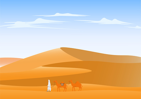 Camel crossing desert landscape