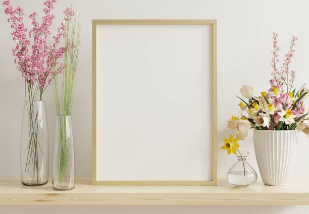 istock Interior poster mockup with vertical gold chrome frame in home interior background. 1328243943