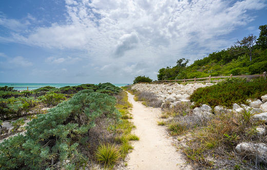 Summer beach scenery. Pathway to the ocean. Bahia Honda State Park, Florida Keys, Bahia Honda Key, FLorida USA.