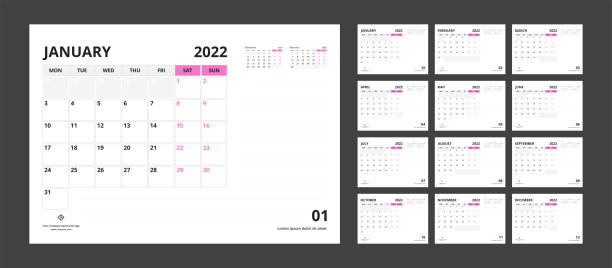 planer kalendarza 2022 dla szablonu korporacyjnego tygodnia projektowania rozpocznie się w poniedziałek. - pink paper backgrounds diary stock illustrations