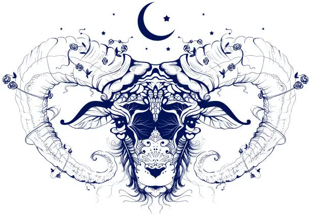 Vector illustration of Ram head abstract drawing crescent moon sacrifice symbol