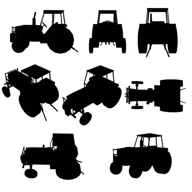 Vector illustration of Set with silhouettes of a tractor in various positions isolated on a white background. Vector illustration