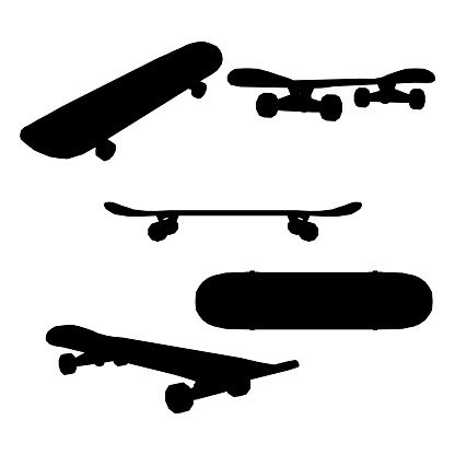 Set with skateboard silhouettes in different positions isolated on white background. Vector illustration.